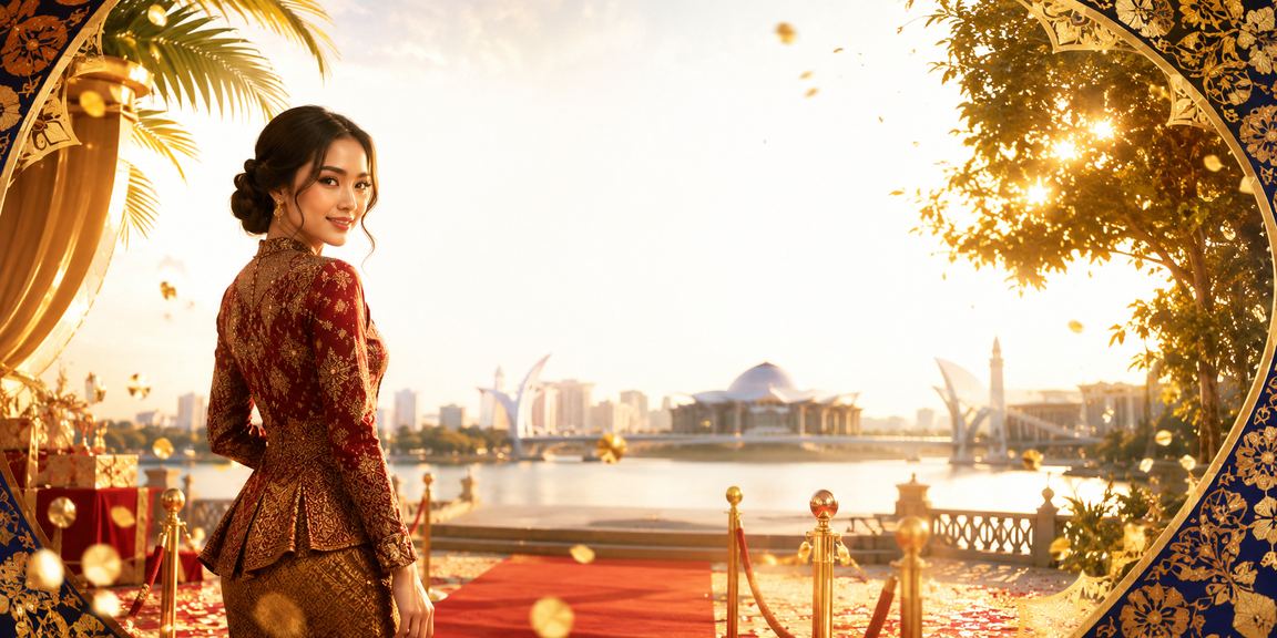 A Malaysian player in batik attire enjoying online lottery entertainment in Putrajaya